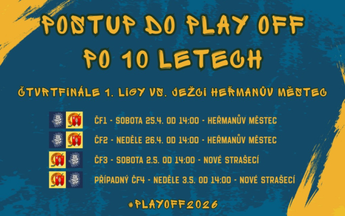 Áčko vstupuje do play off již tento víkend! Soupeřem jsou Ježci z Heřmanova Městce a čtvrtfinálová série začíná na východě Čech